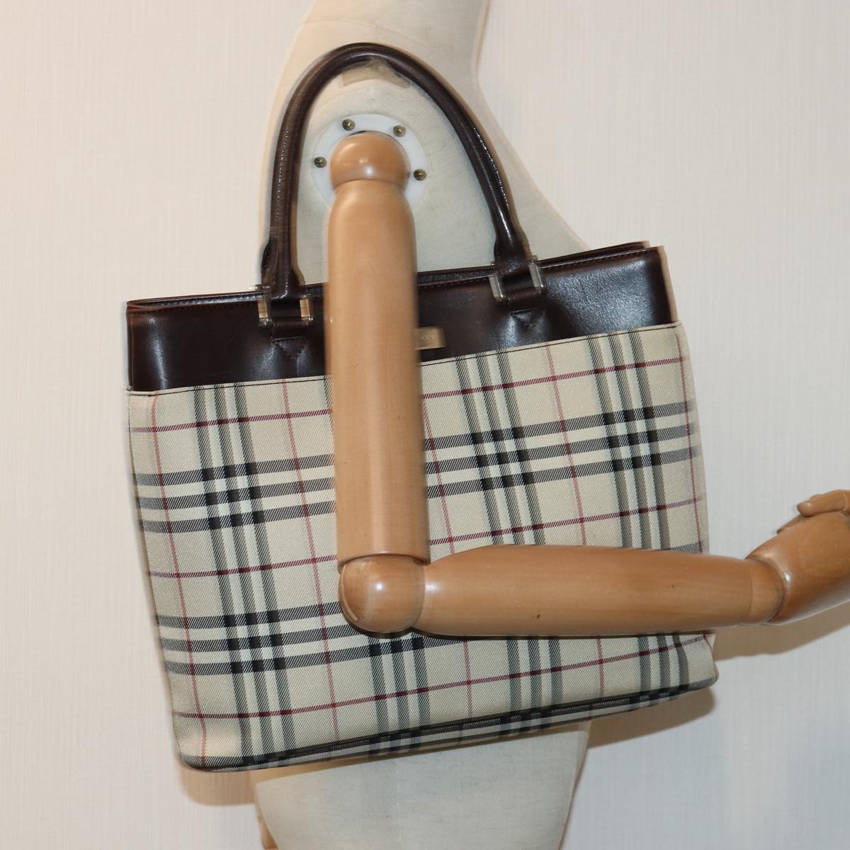 BURBERRY Nova Check Hand Bag Nylon Beige Silver Auth 85862