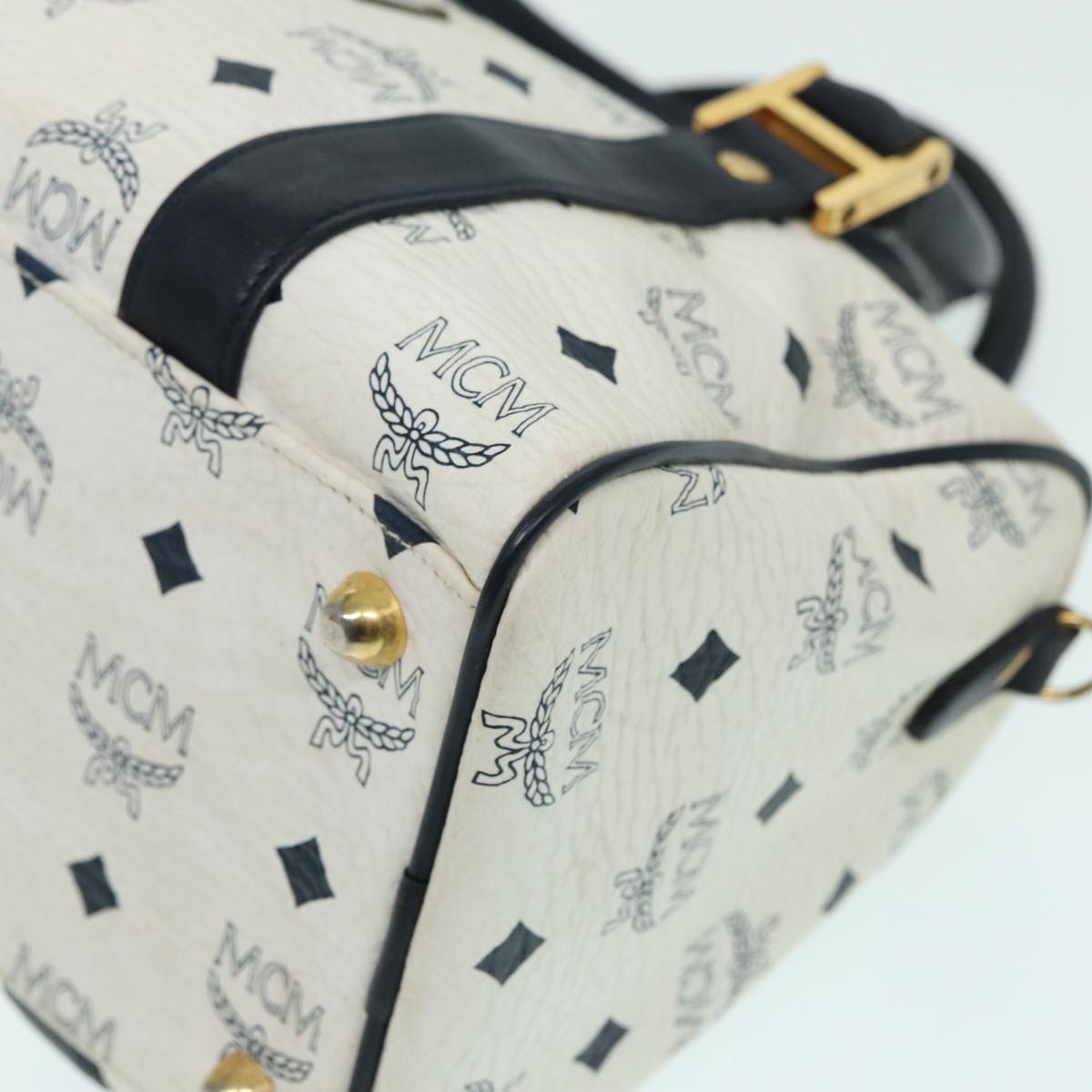 MCM Vicetos Logogram Hand Bag PVC Leather 2way White Gold Auth 86185