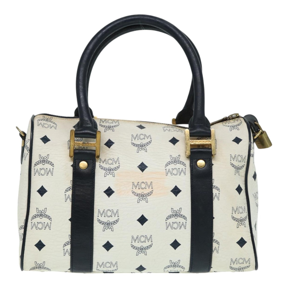 MCM Vicetos Logogram Hand Bag PVC Leather 2way White Gold Auth 86185