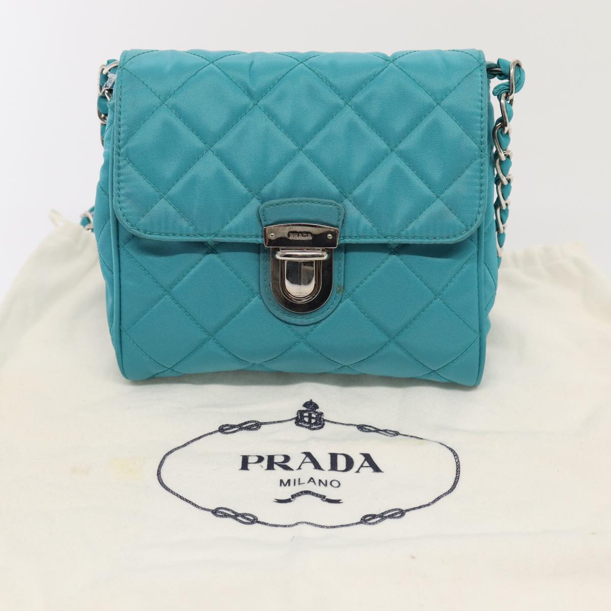 PRADA Chain Shoulder Bag Nylon Turquoise Blue Silver Auth 86958V