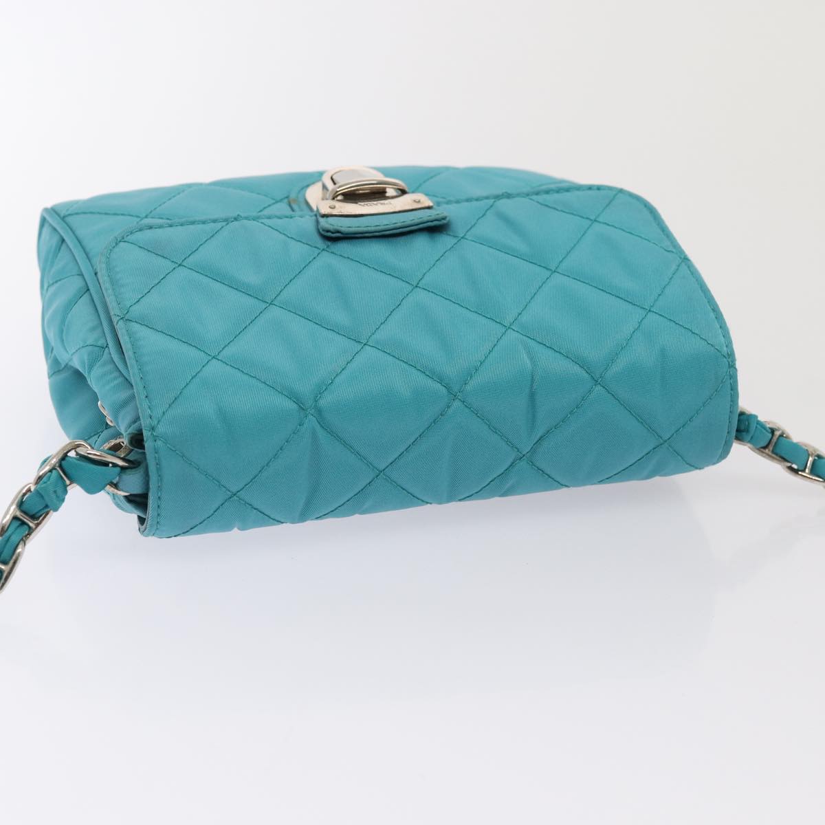 PRADA Chain Shoulder Bag Nylon Turquoise Blue Silver Auth 86958V