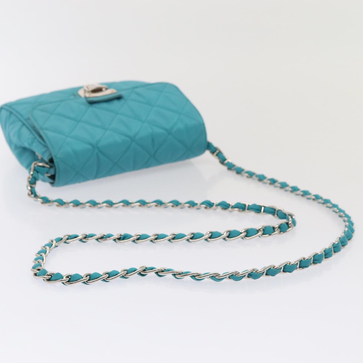 PRADA Chain Shoulder Bag Nylon Turquoise Blue Silver Auth 86958V