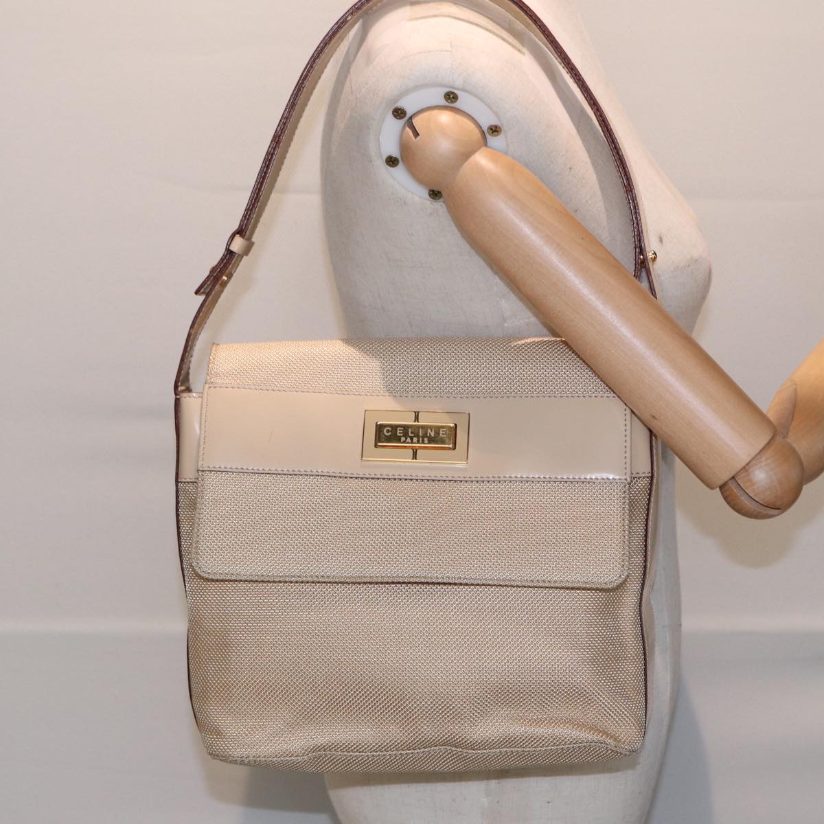 CELINE Shoulder Bag Nylon Beige Gold Auth 87076