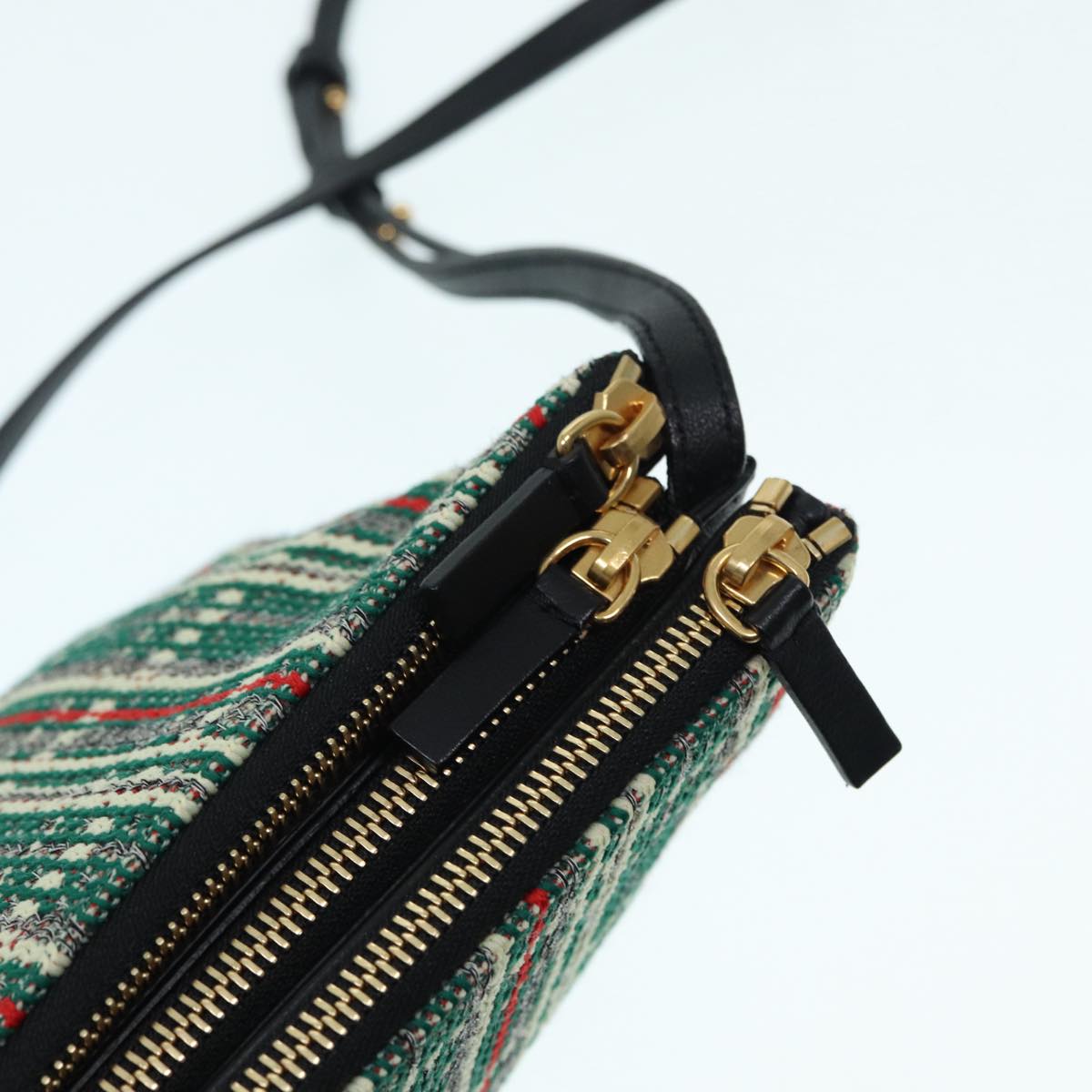 CELINE Trio Large Shoulder Bag Canvas Green Gold Auth 88114V