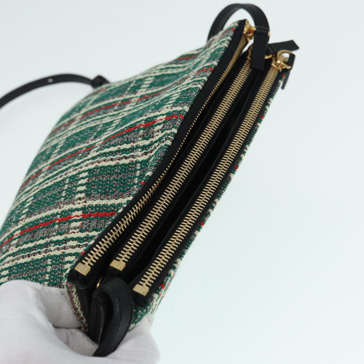 CELINE Trio Large Shoulder Bag Canvas Green Gold Auth 88114V