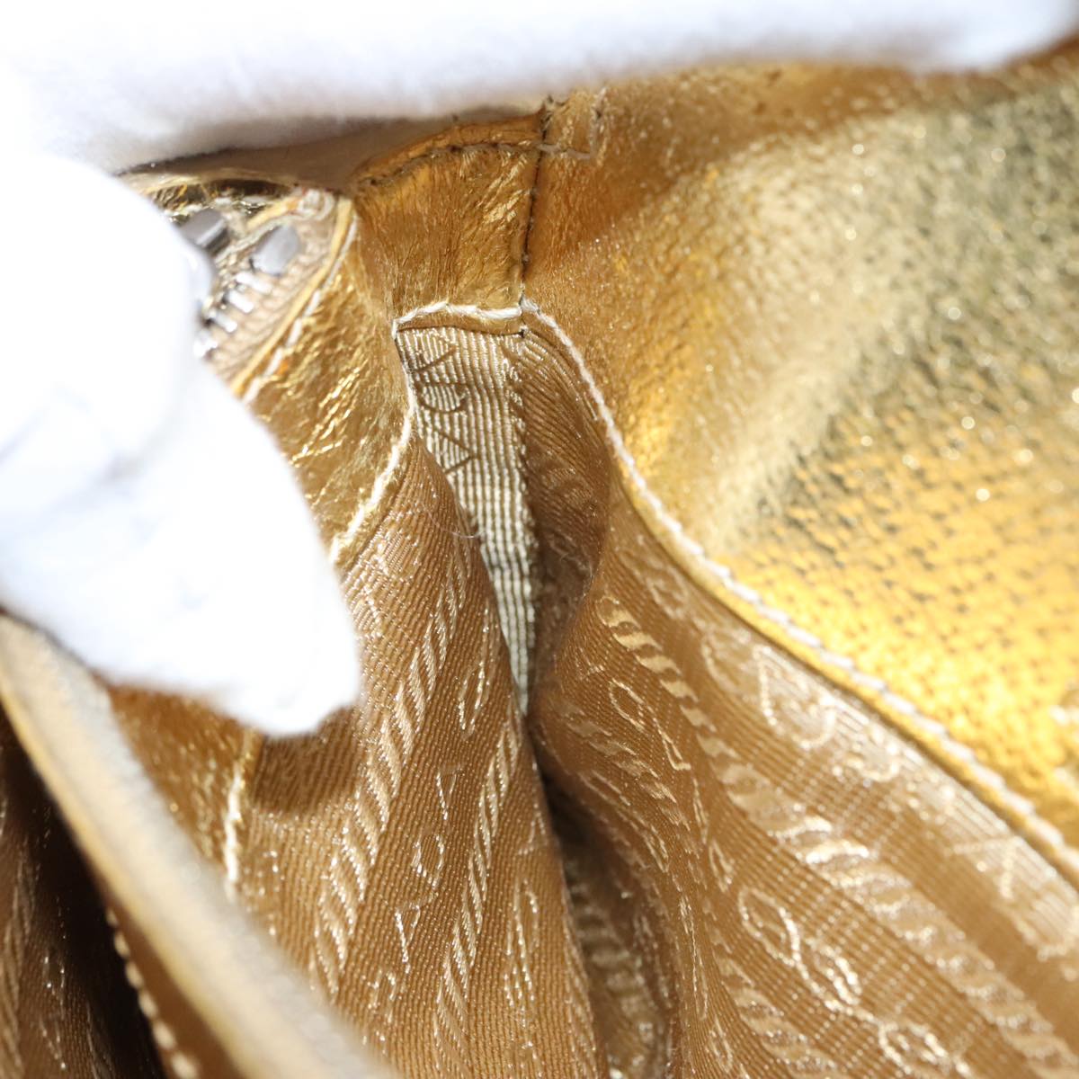 PRADA Accessory Pouch Leather Silver Gold Auth 88214V