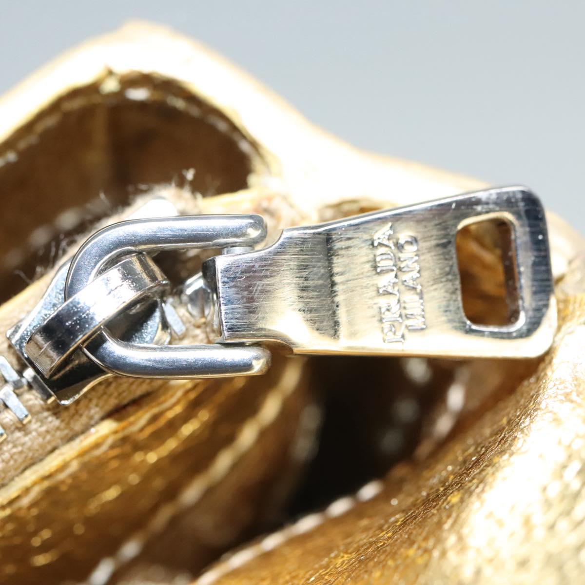 PRADA Accessory Pouch Leather Silver Gold Auth 88214V