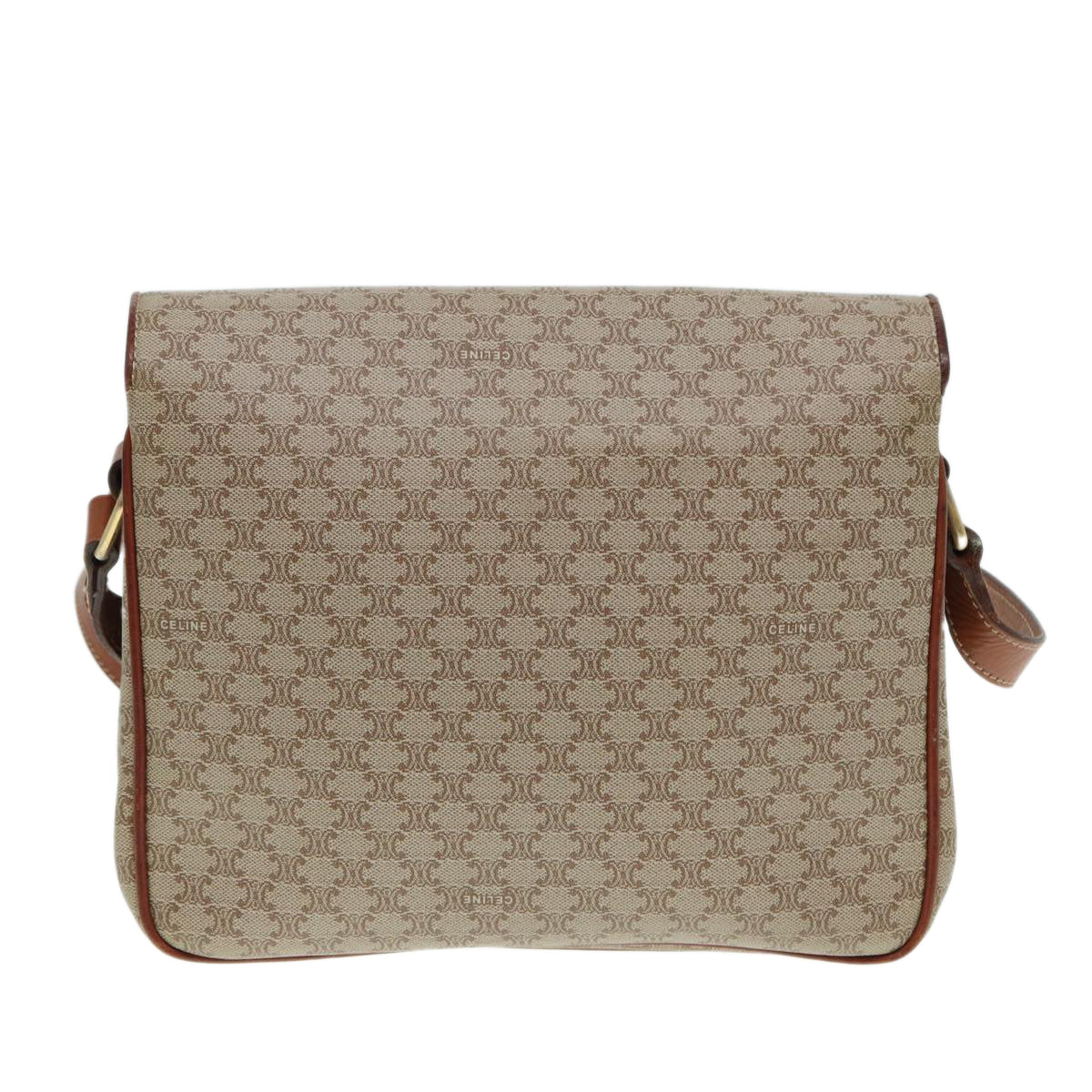 CELINE Macadam Canvas Shoulder Bag PVC Leather Beige Auth 88413