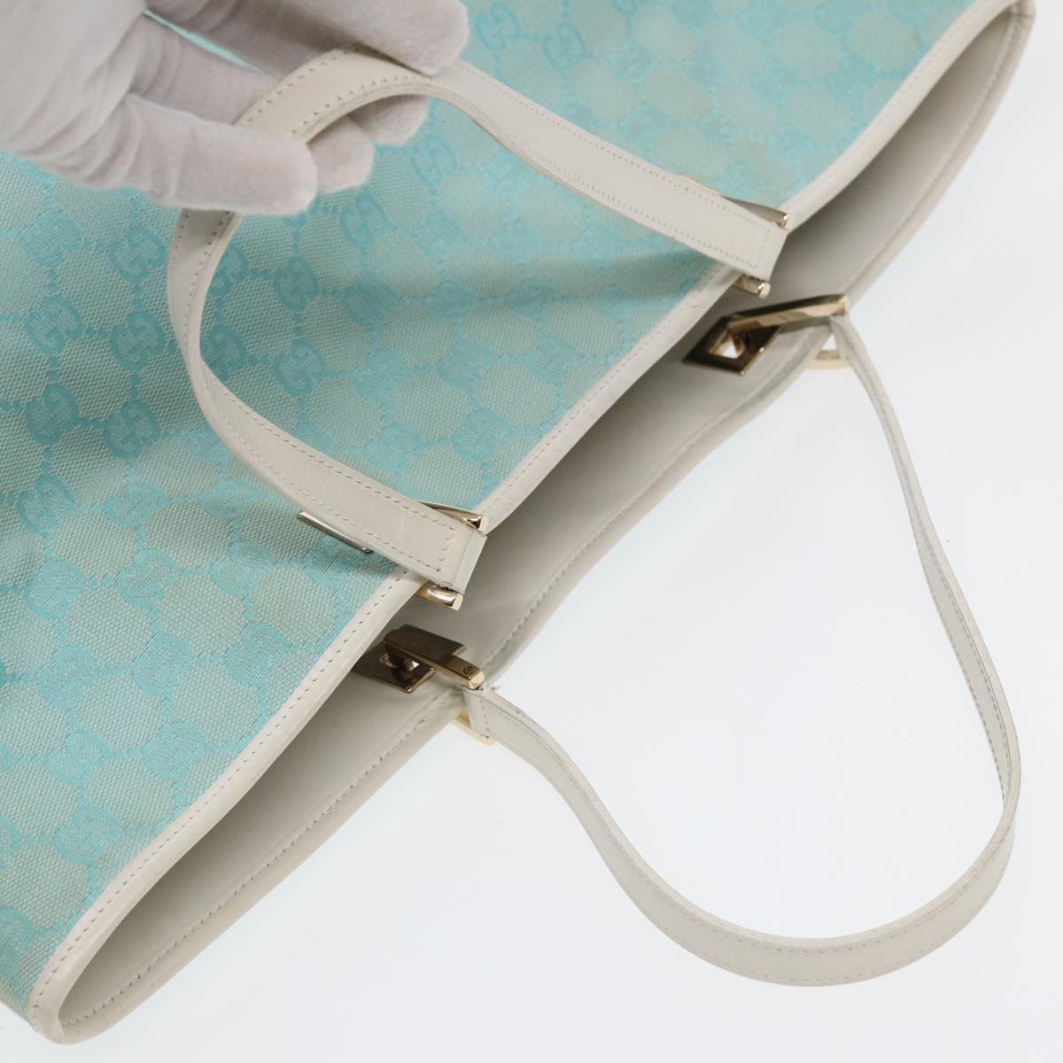 GUCCI GG Canvas Tote Bag Light Blue White Gold 002 1097 Auth 89242