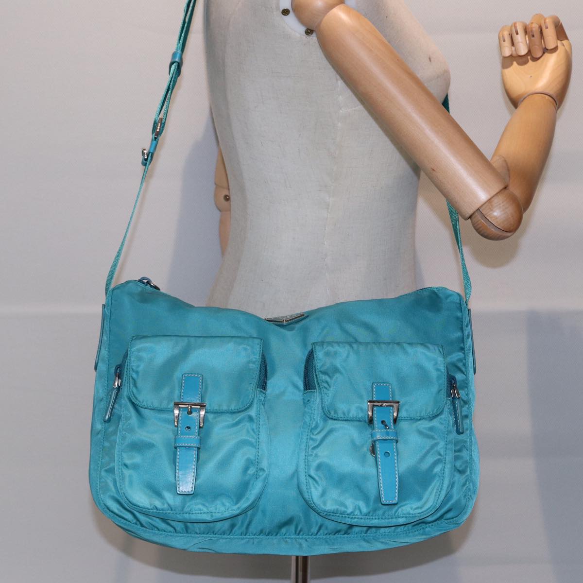 PRADA Shoulder Bag Nylon Turquoise Blue Auth 89320V
