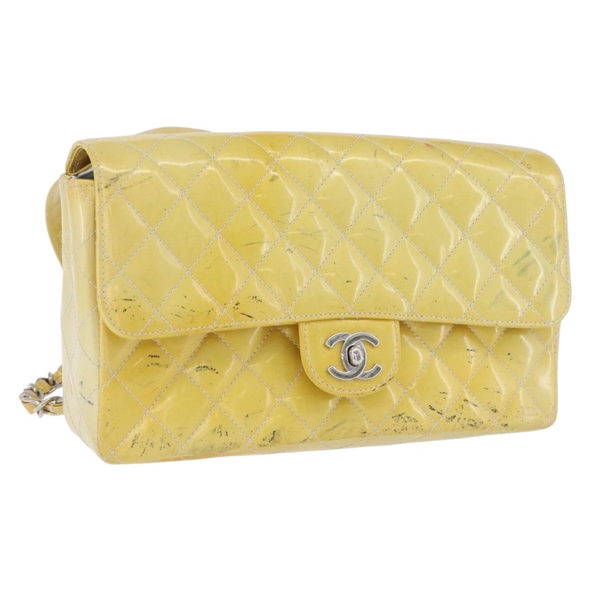 CHANEL Matelasse Backpack Patent leather Yellow Silver CC Auth 89374