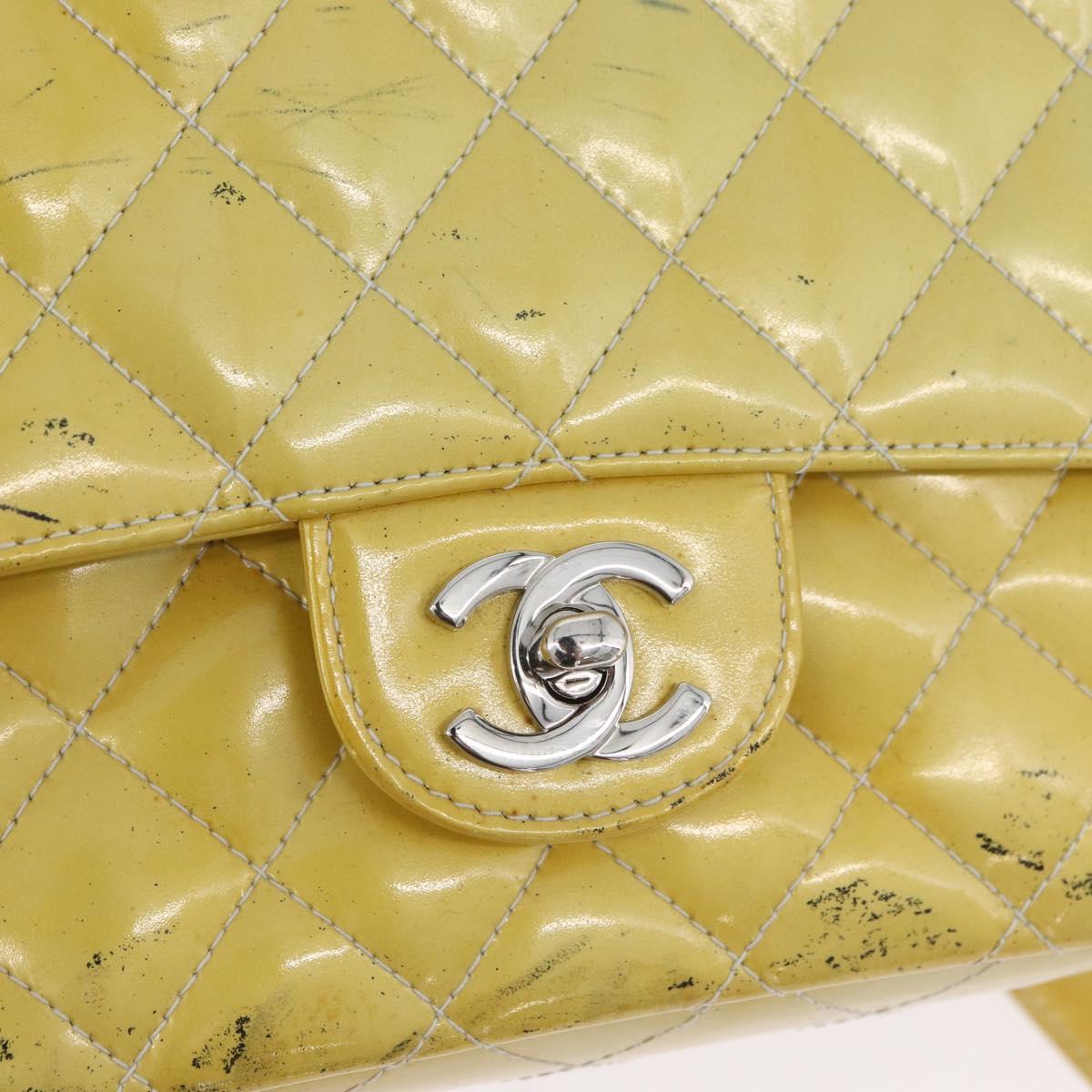 CHANEL Matelasse Backpack Patent leather Yellow Silver CC Auth 89374