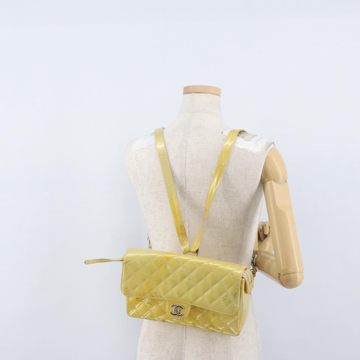 CHANEL Matelasse Backpack Patent leather Yellow Silver CC Auth 89374