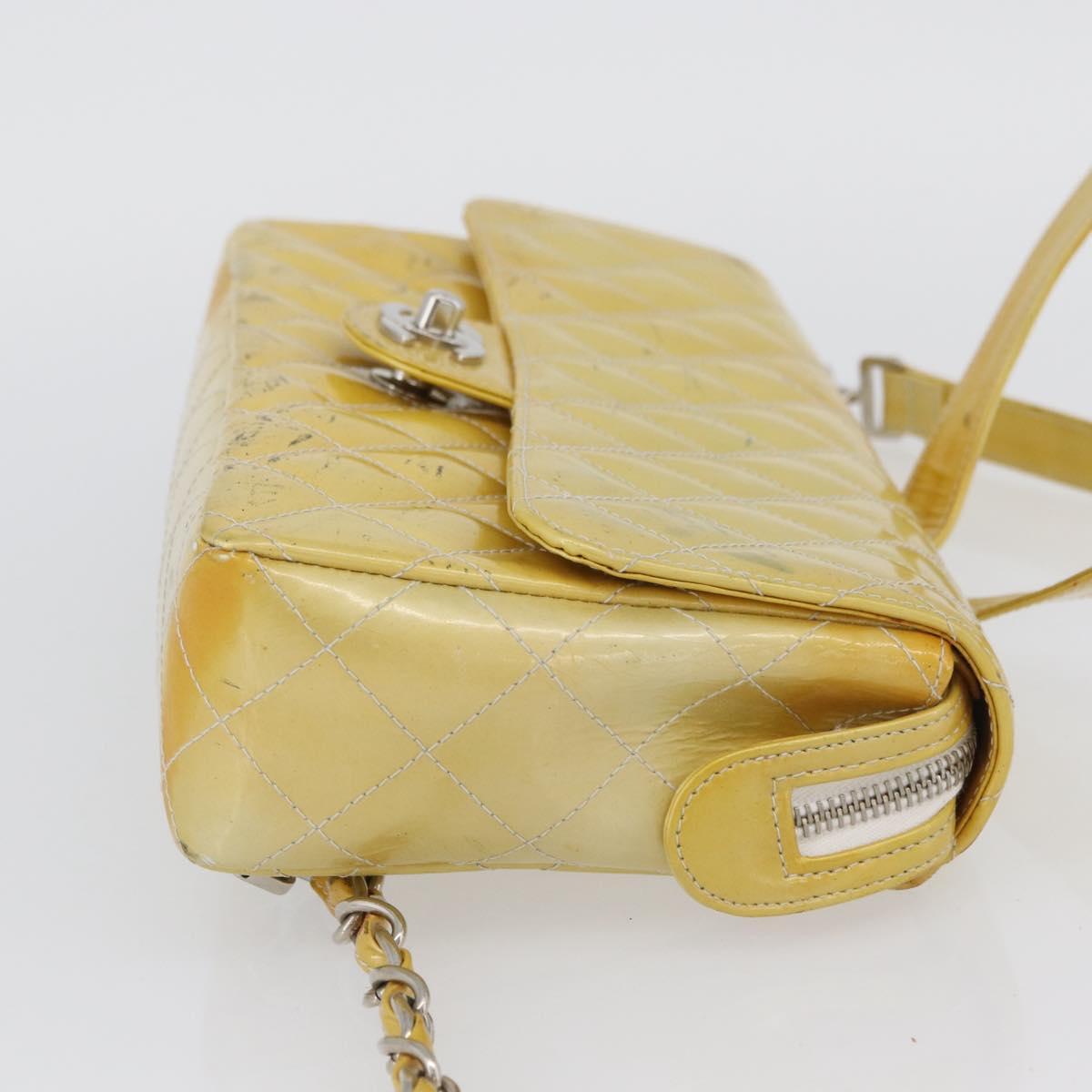 CHANEL Matelasse Backpack Patent leather Yellow Silver CC Auth 89374