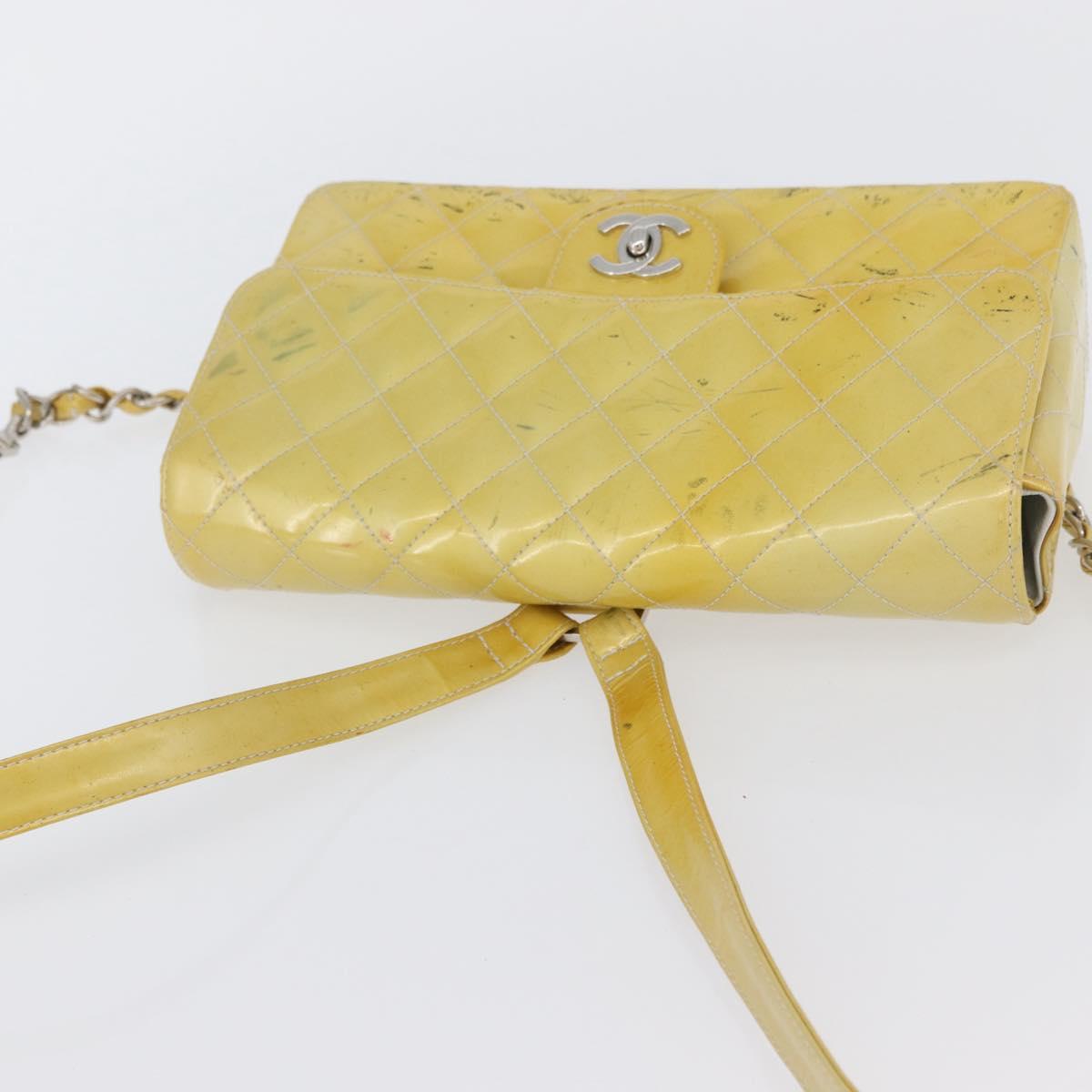 CHANEL Matelasse Backpack Patent leather Yellow Silver CC Auth 89374