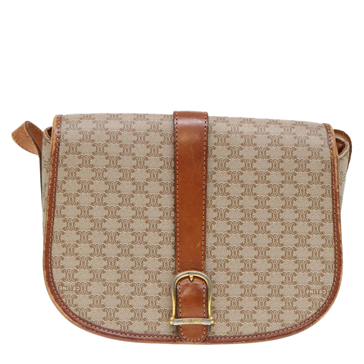 CELINE Macadam Canvas Shoulder Bag Beige Gold Auth 89506