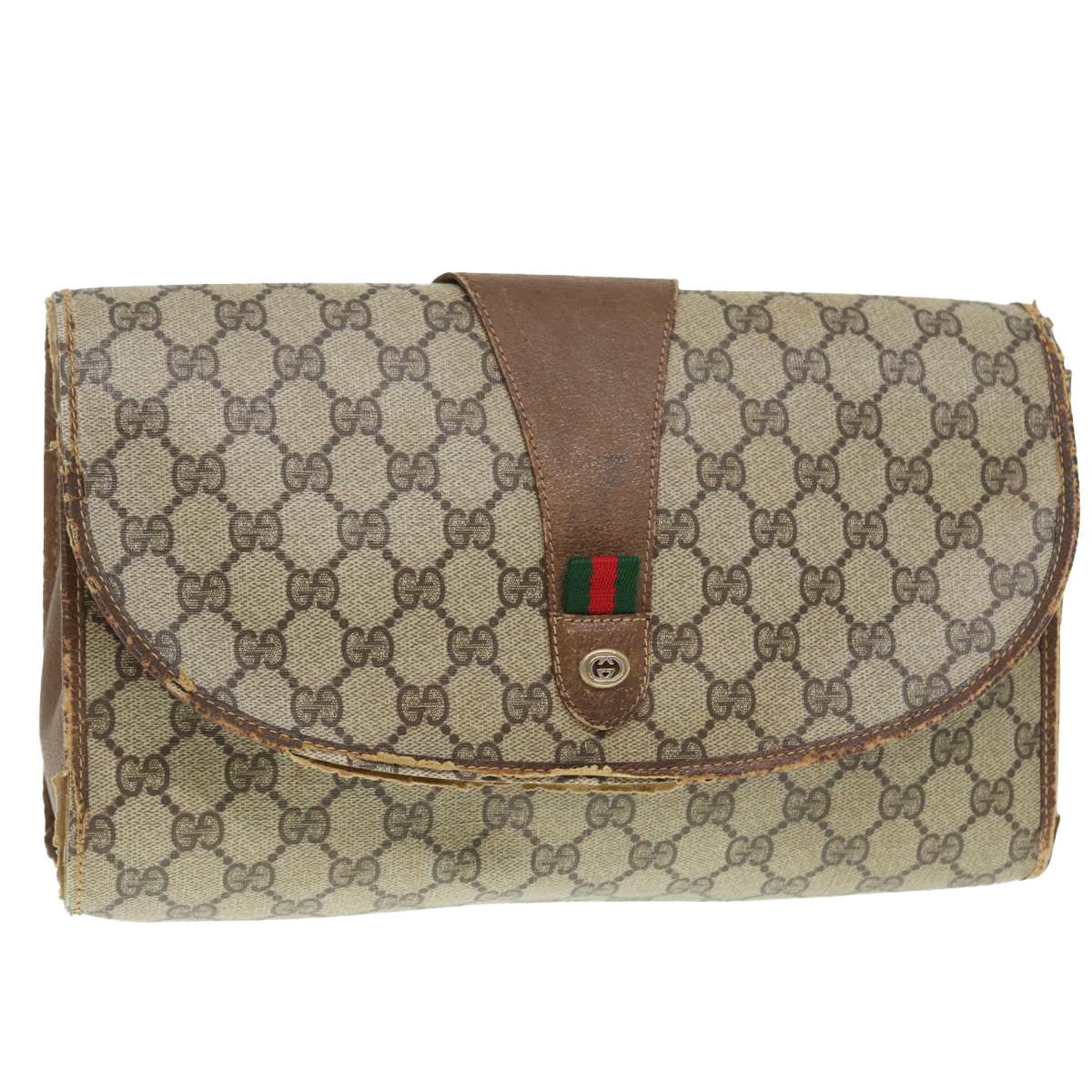GUCCI GG Supreme Web Sherry Line Clutch Bag PVC Beige Red 89 01 031 Auth 89507