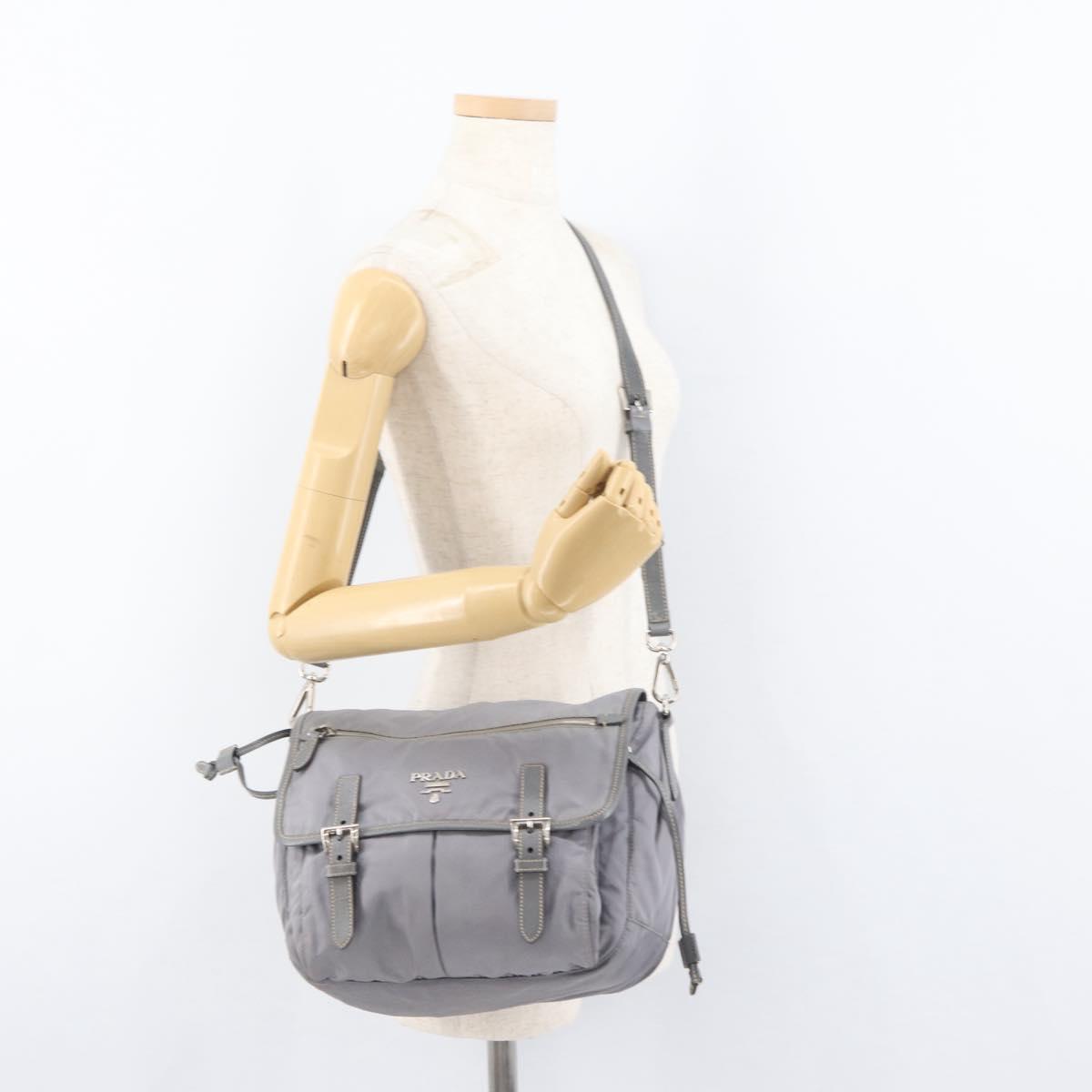 PRADA Shoulder Bag Nylon Gray Silver Auth 89792