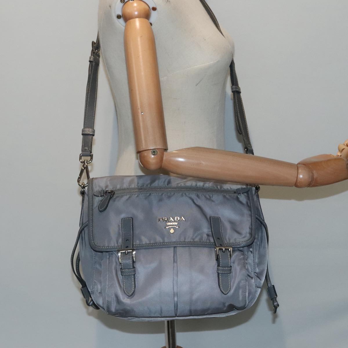 PRADA Shoulder Bag Nylon Gray Silver Auth 89792