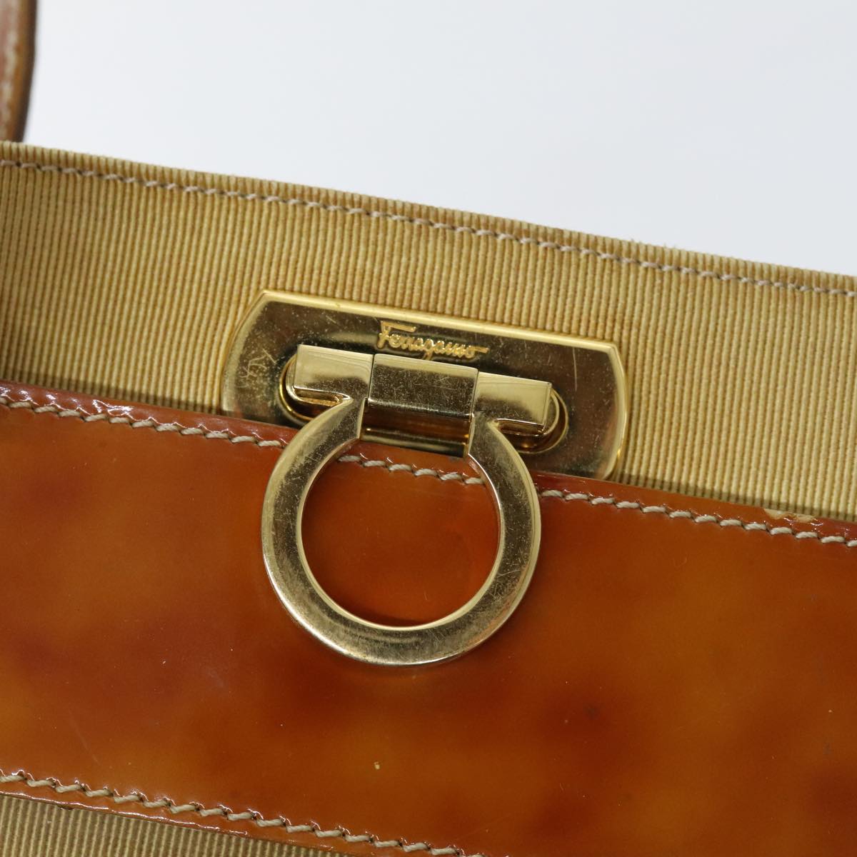 Salvatore Ferragamo Gancini Shoulder Bag Vinyl Beige Orange Auth 89799