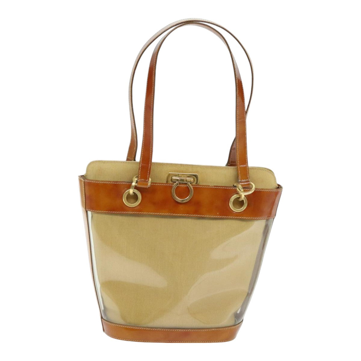 Salvatore Ferragamo Gancini Shoulder Bag Vinyl Beige Orange Auth 89799