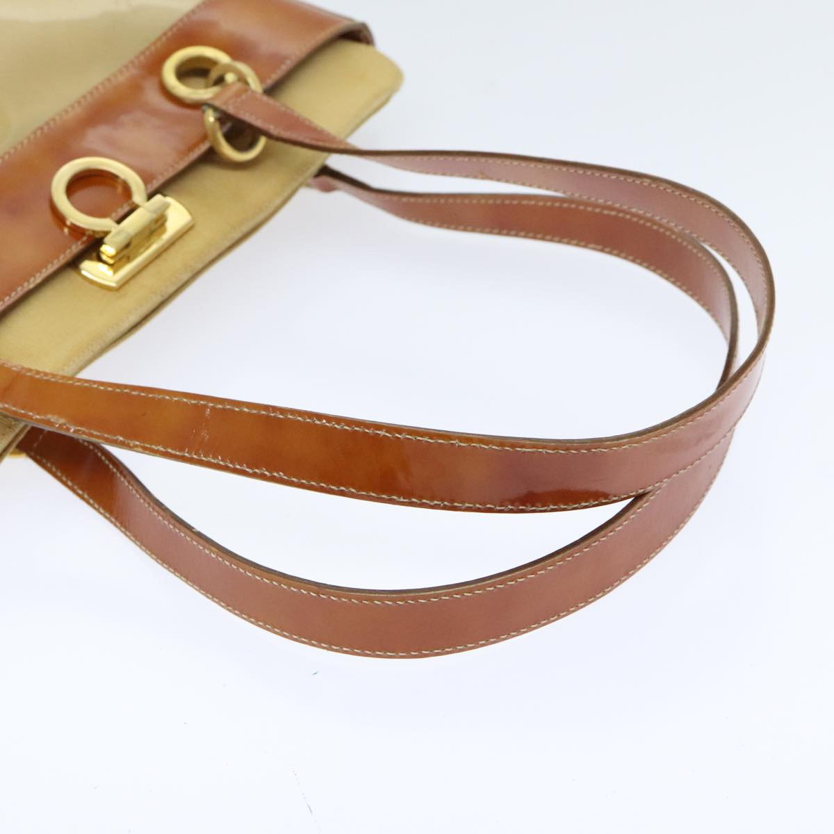 Salvatore Ferragamo Gancini Shoulder Bag Vinyl Beige Orange Auth 89799