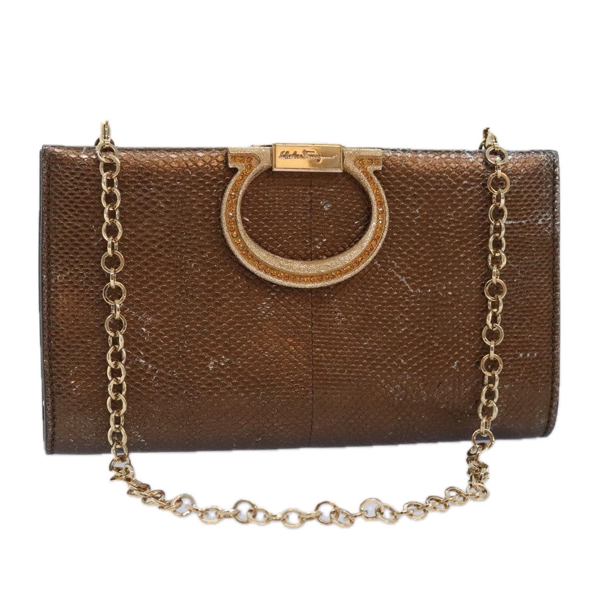 Salvatore Ferragamo Gancini Chain Shoulder Bag Leather Brown Auth 89807