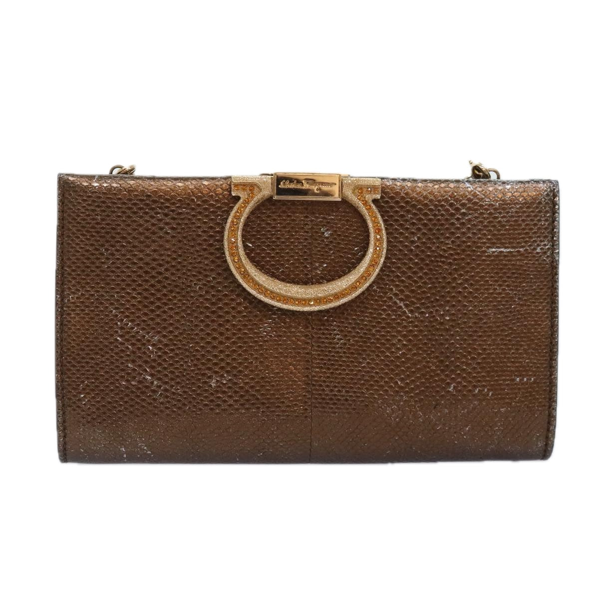 Salvatore Ferragamo Gancini Chain Shoulder Bag Leather Brown Auth 89807