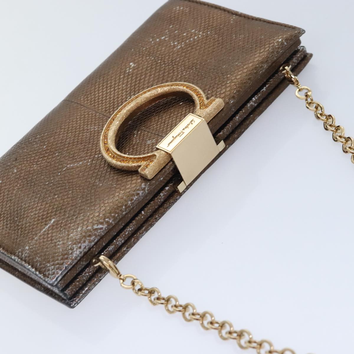 Salvatore Ferragamo Gancini Chain Shoulder Bag Leather Brown Auth 89807