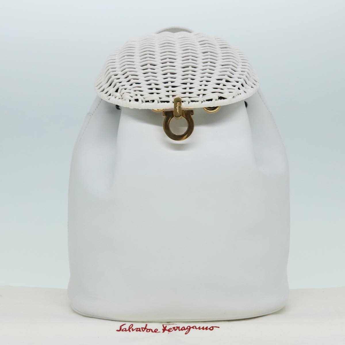 Salvatore Ferragamo Backpack Leather Wicker White Gold Auth 89808V