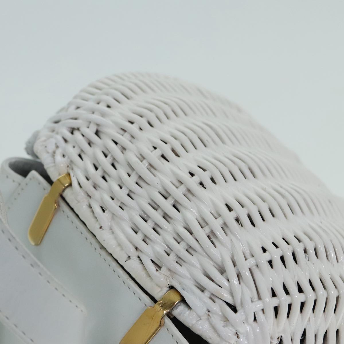 Salvatore Ferragamo Backpack Leather Wicker White Gold Auth 89808V