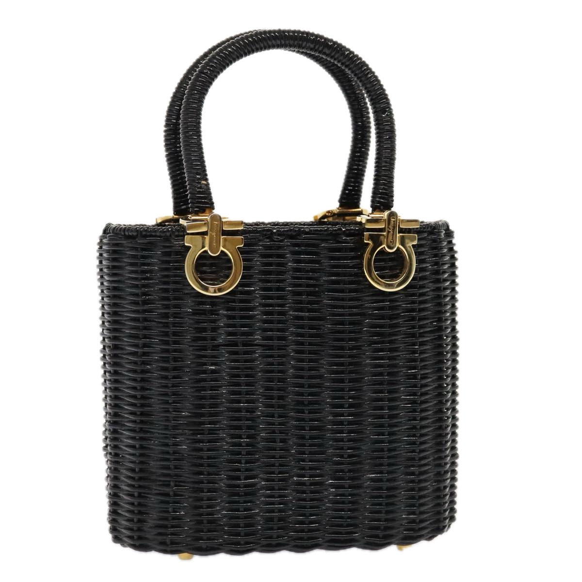 Salvatore Ferragamo Gancini Hand Bag Wicker Black Gold Auth 90245AM