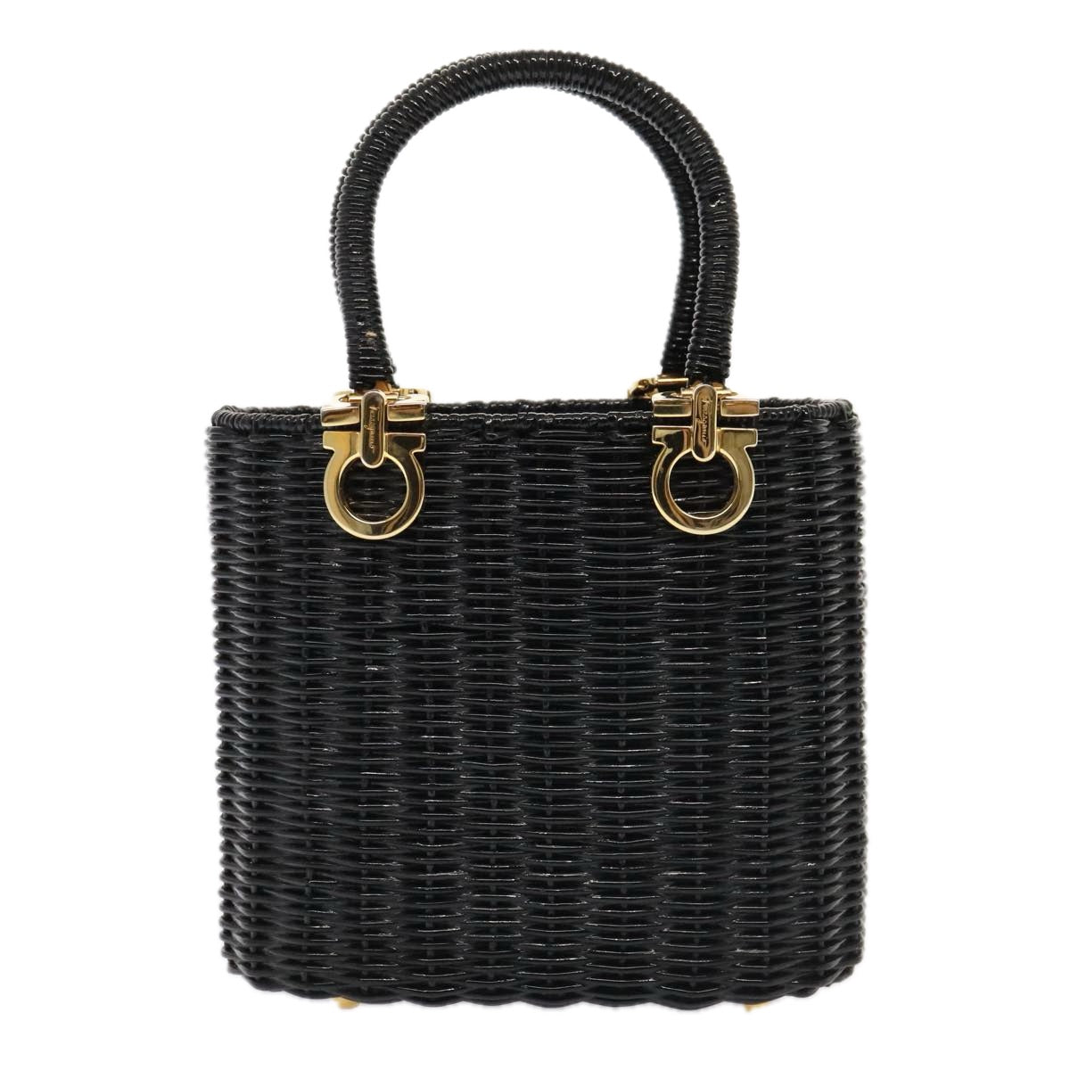 Salvatore Ferragamo Gancini Hand Bag Wicker Black Gold Auth 90245AM