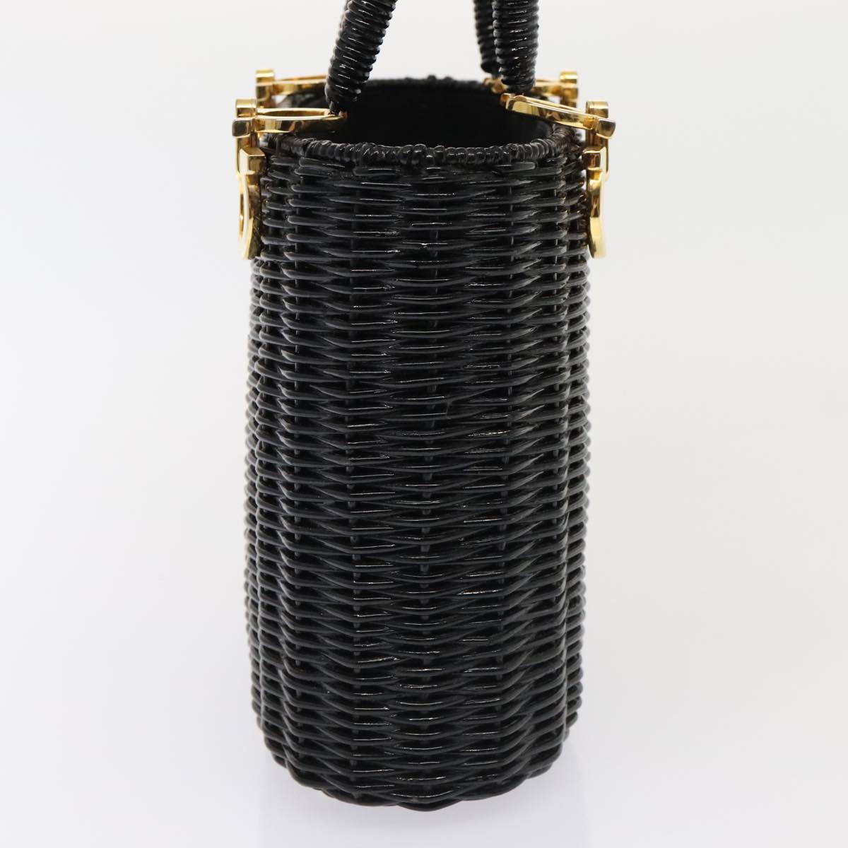 Salvatore Ferragamo Gancini Hand Bag Wicker Black Gold Auth 90245AM