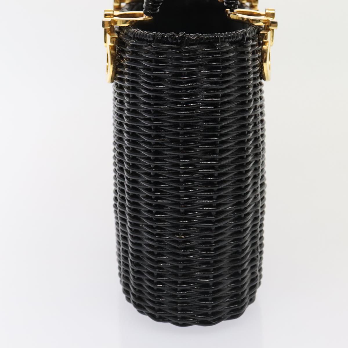 Salvatore Ferragamo Gancini Hand Bag Wicker Black Gold Auth 90245AM