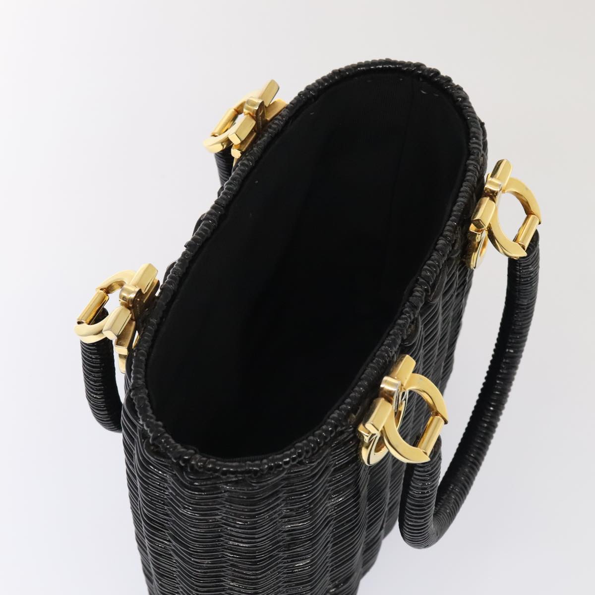 Salvatore Ferragamo Gancini Hand Bag Wicker Black Gold Auth 90245AM
