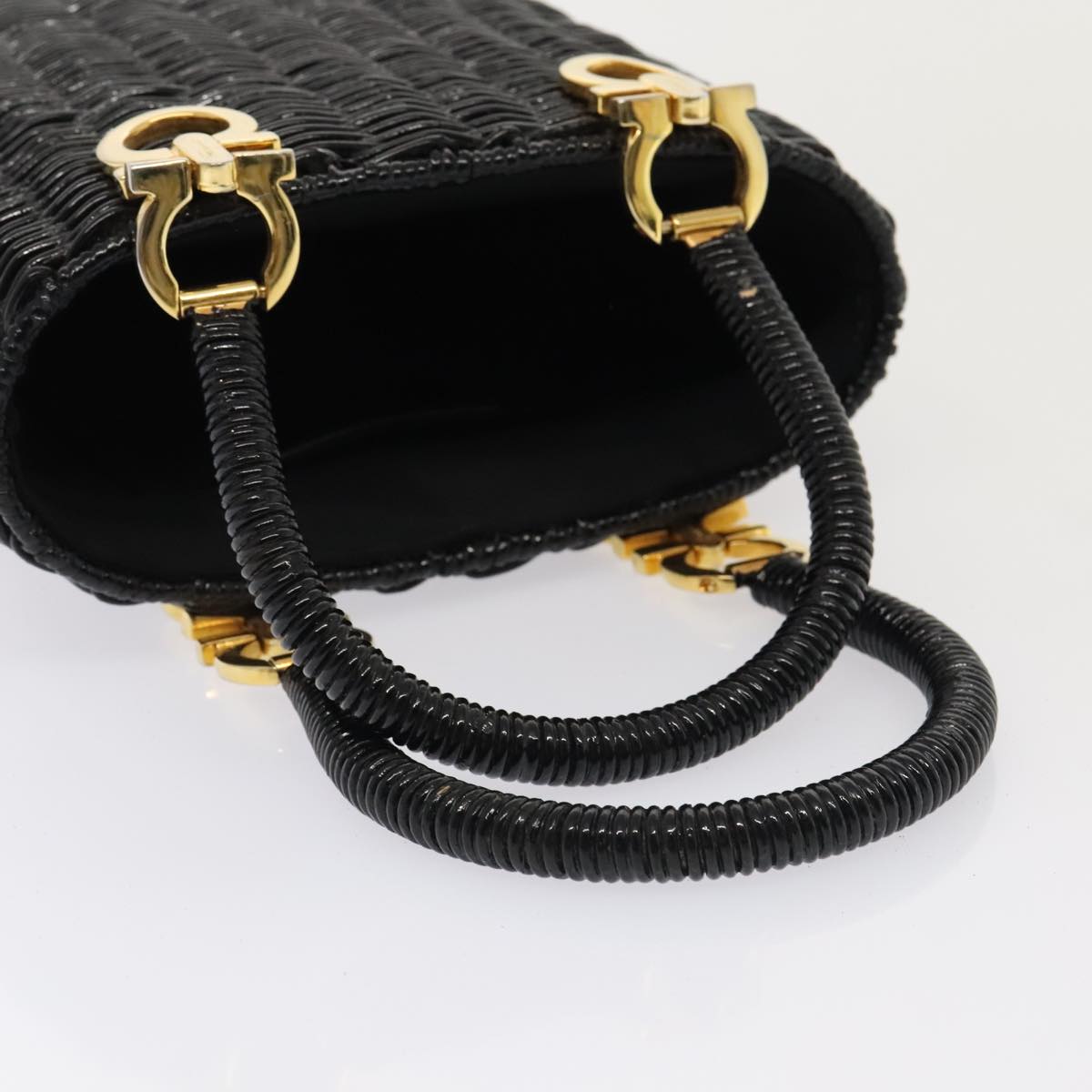 Salvatore Ferragamo Gancini Hand Bag Wicker Black Gold Auth 90245AM