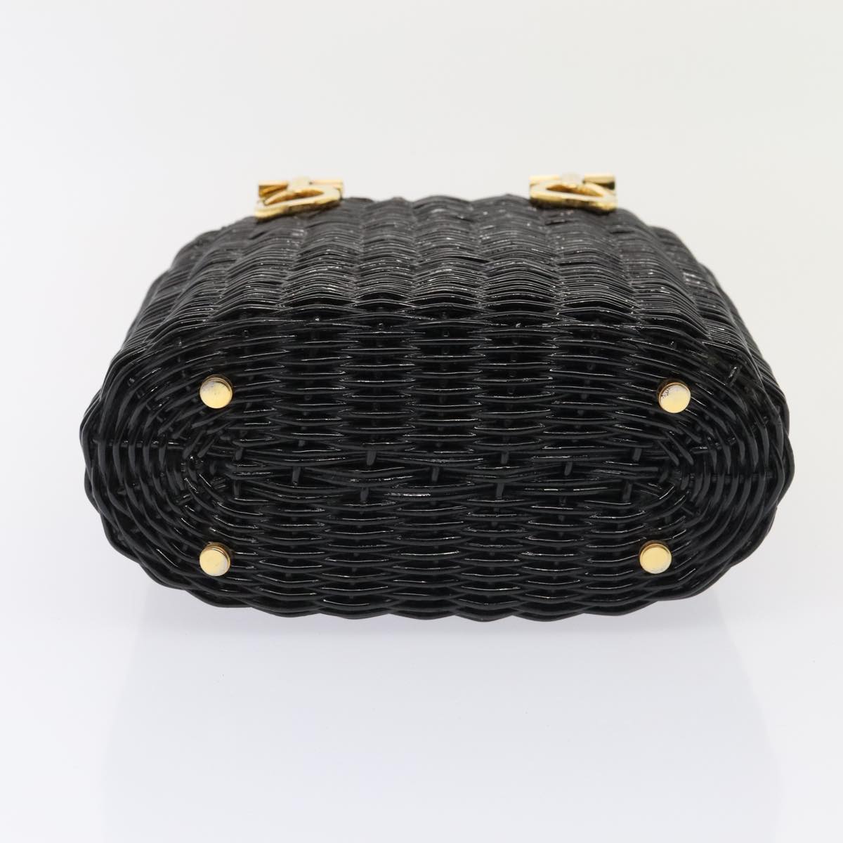 Salvatore Ferragamo Gancini Hand Bag Wicker Black Gold Auth 90245AM