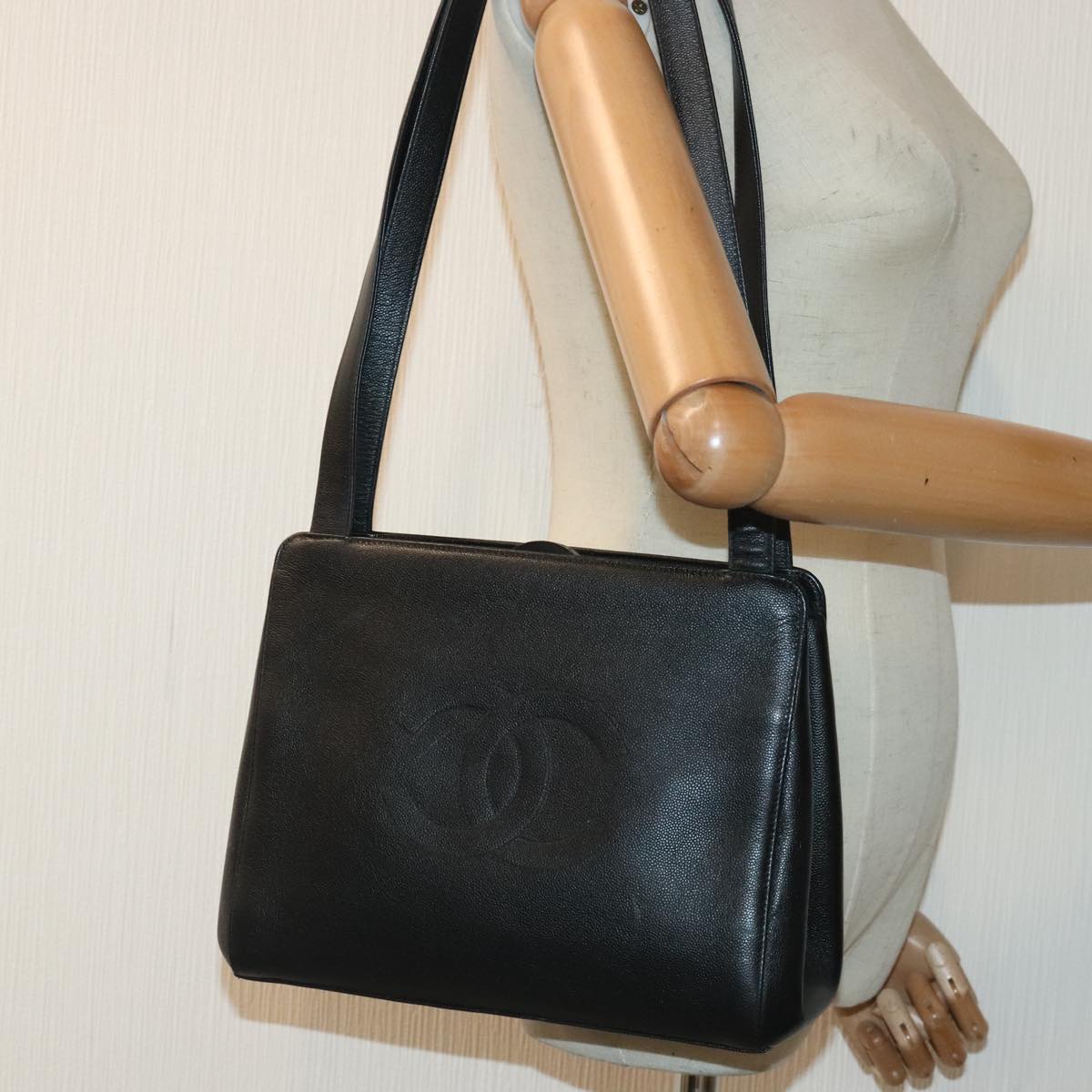 CHANEL COCO Mark Shoulder Bag Calf Skin Black CC Auth 90649