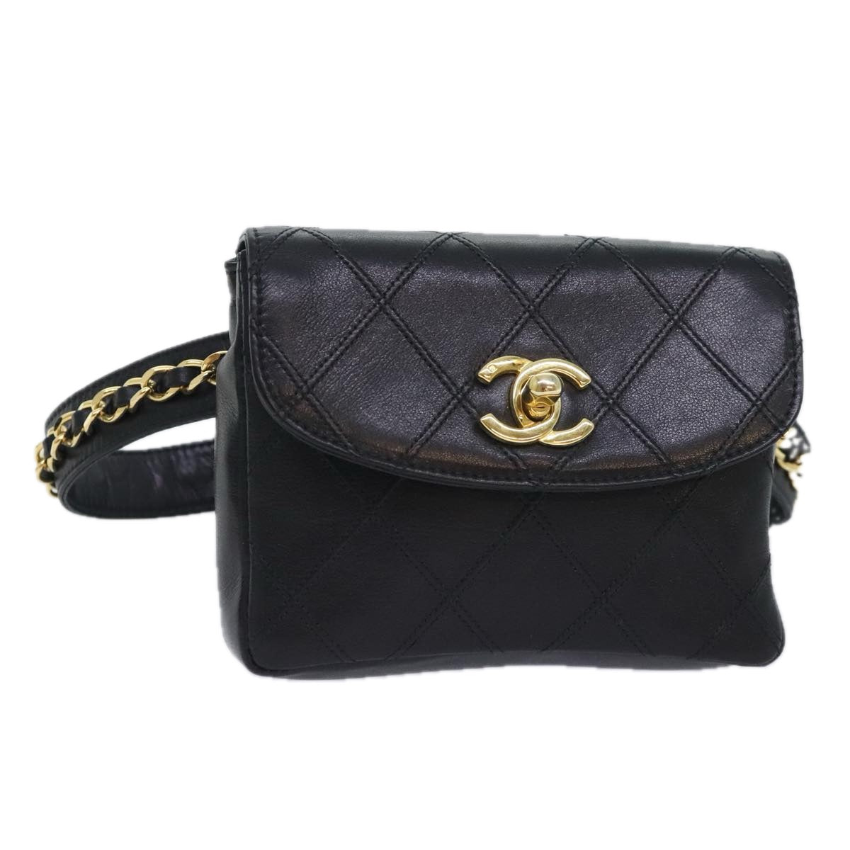 CHANEL Bicolore Chain Waist bag Leather Black Gold CC Auth 90785M