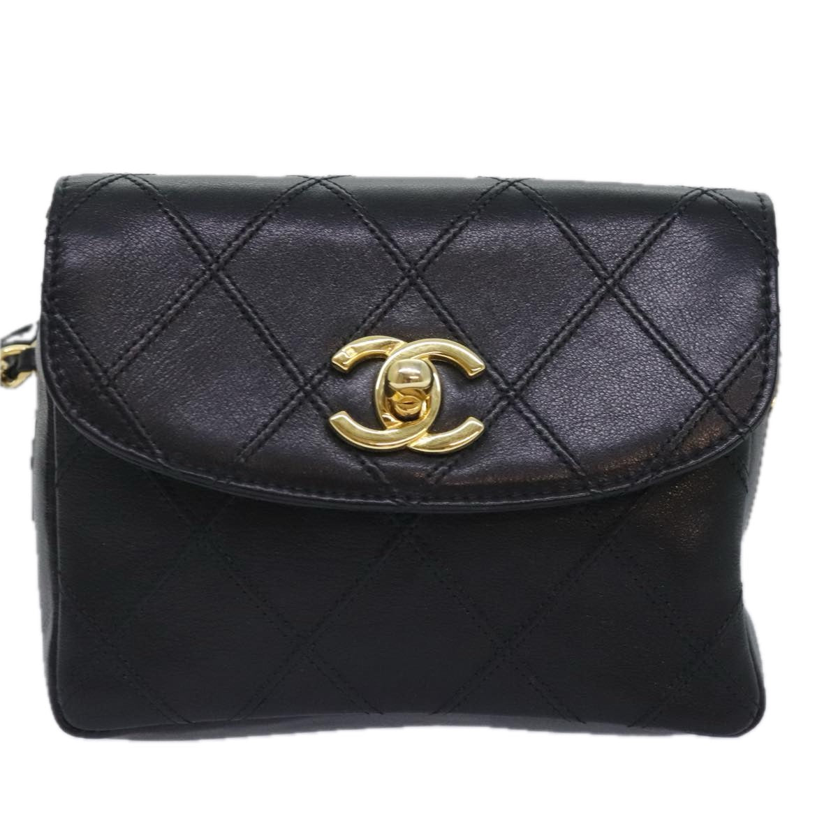 CHANEL Bicolore Chain Waist bag Leather Black Gold CC Auth 90785M