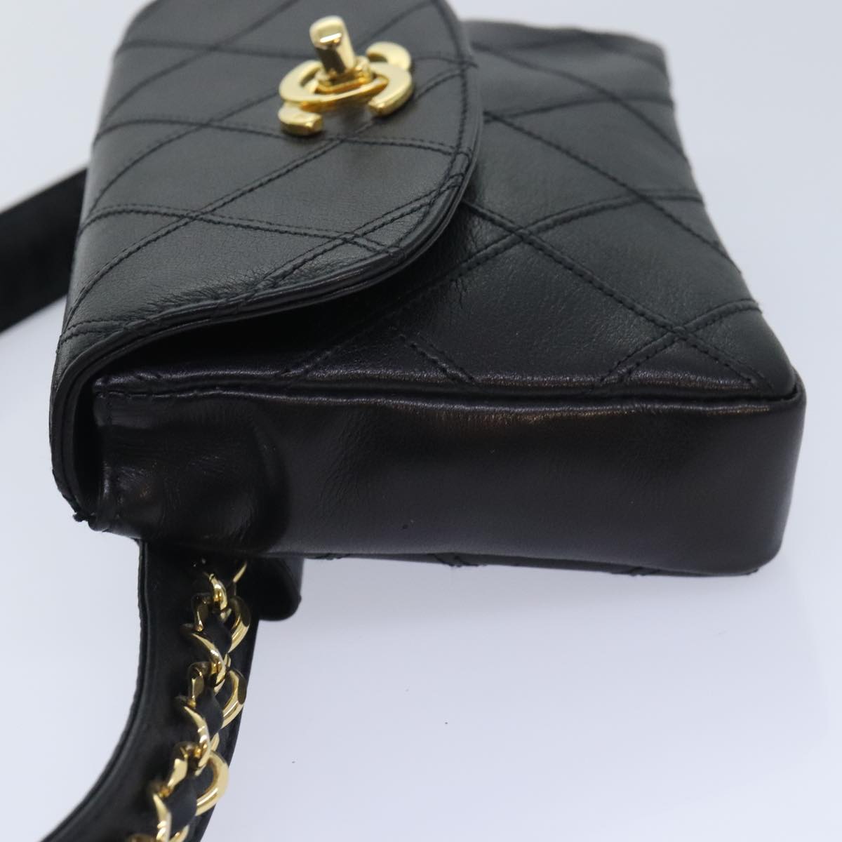 CHANEL Bicolore Chain Waist bag Leather Black Gold CC Auth 90785M