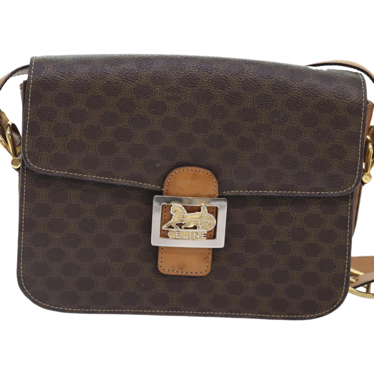 CELINE Macadam Canvas Shoulder Bag PVC Leather Brown Auth 90950