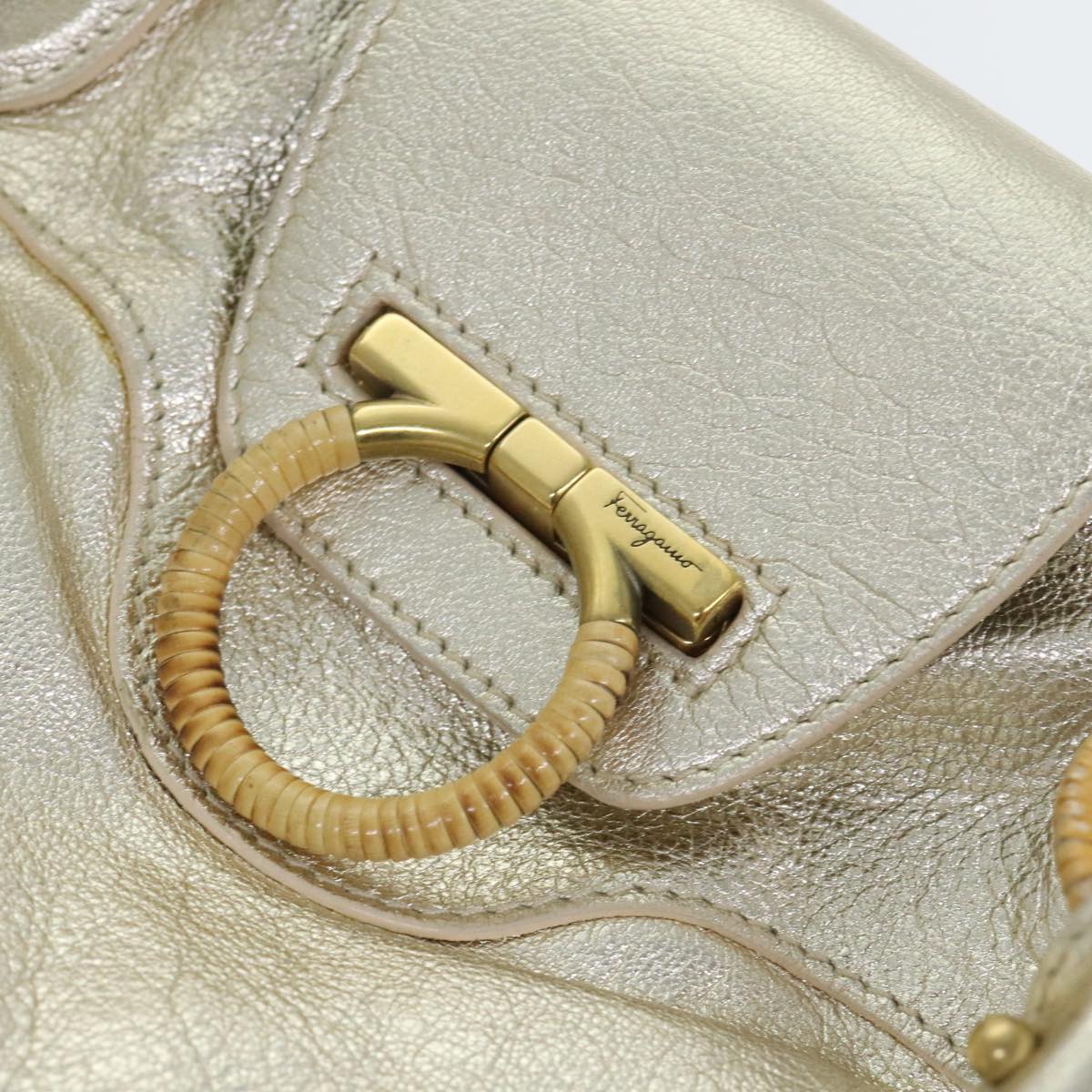 Salvatore Ferragamo Gancini Hand Bag Leather Gold Tone Gold Auth 91343AV