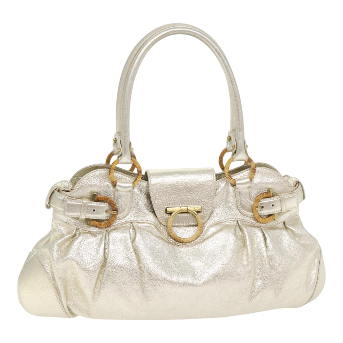 Salvatore Ferragamo Gancini Hand Bag Leather Gold Tone Gold Auth 91343V