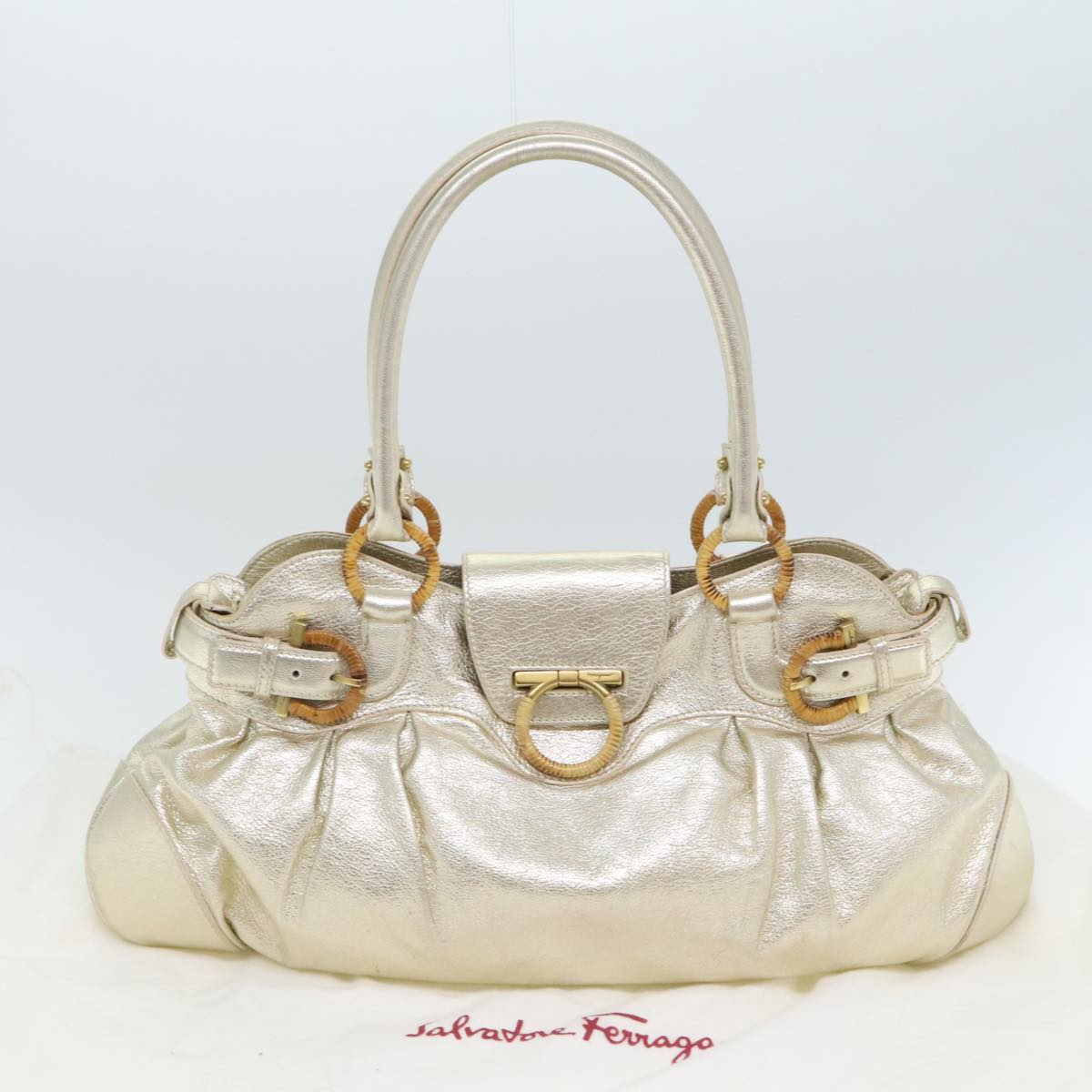 Salvatore Ferragamo Gancini Hand Bag Leather Gold Tone Gold Auth 91343AV