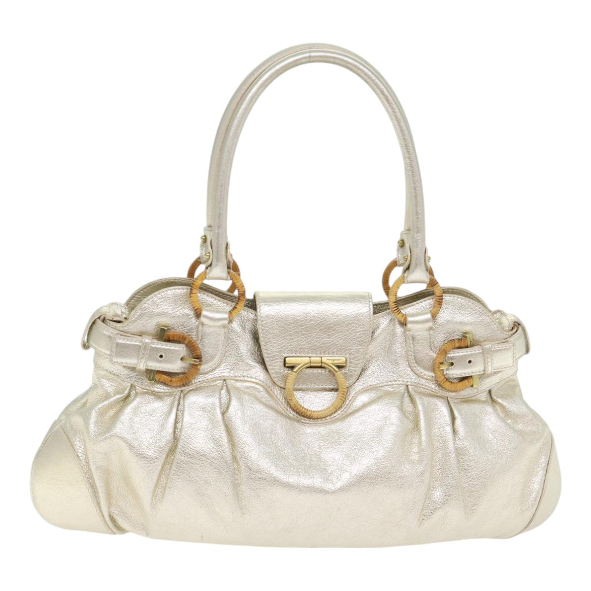 Salvatore Ferragamo Gancini Hand Bag Leather Gold Tone Gold Auth 91343V