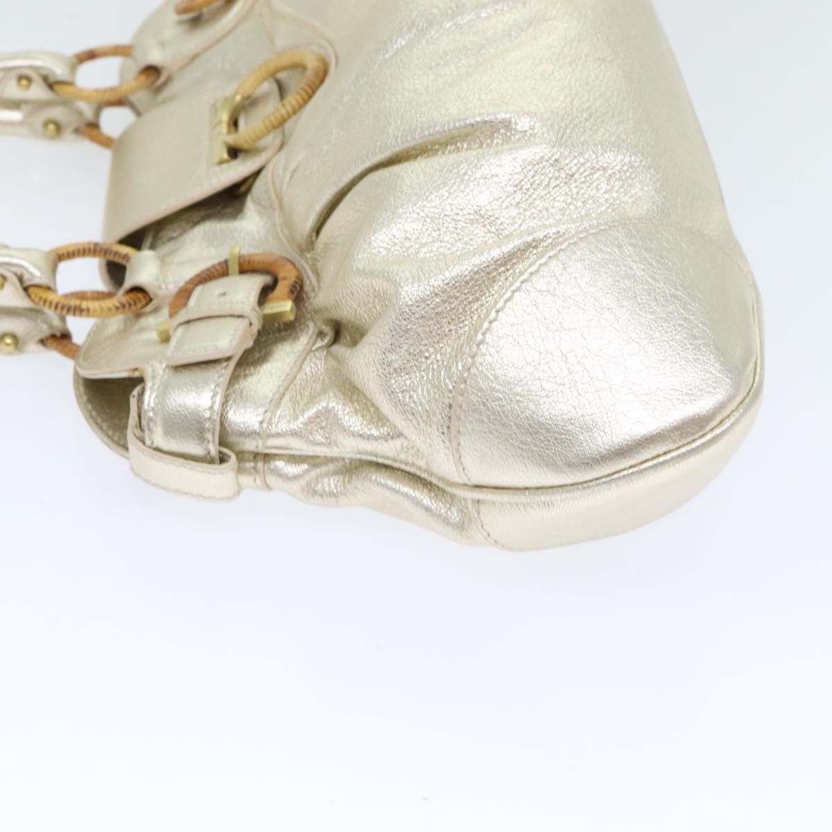 Salvatore Ferragamo Gancini Hand Bag Leather Gold Tone Gold Auth 91343V