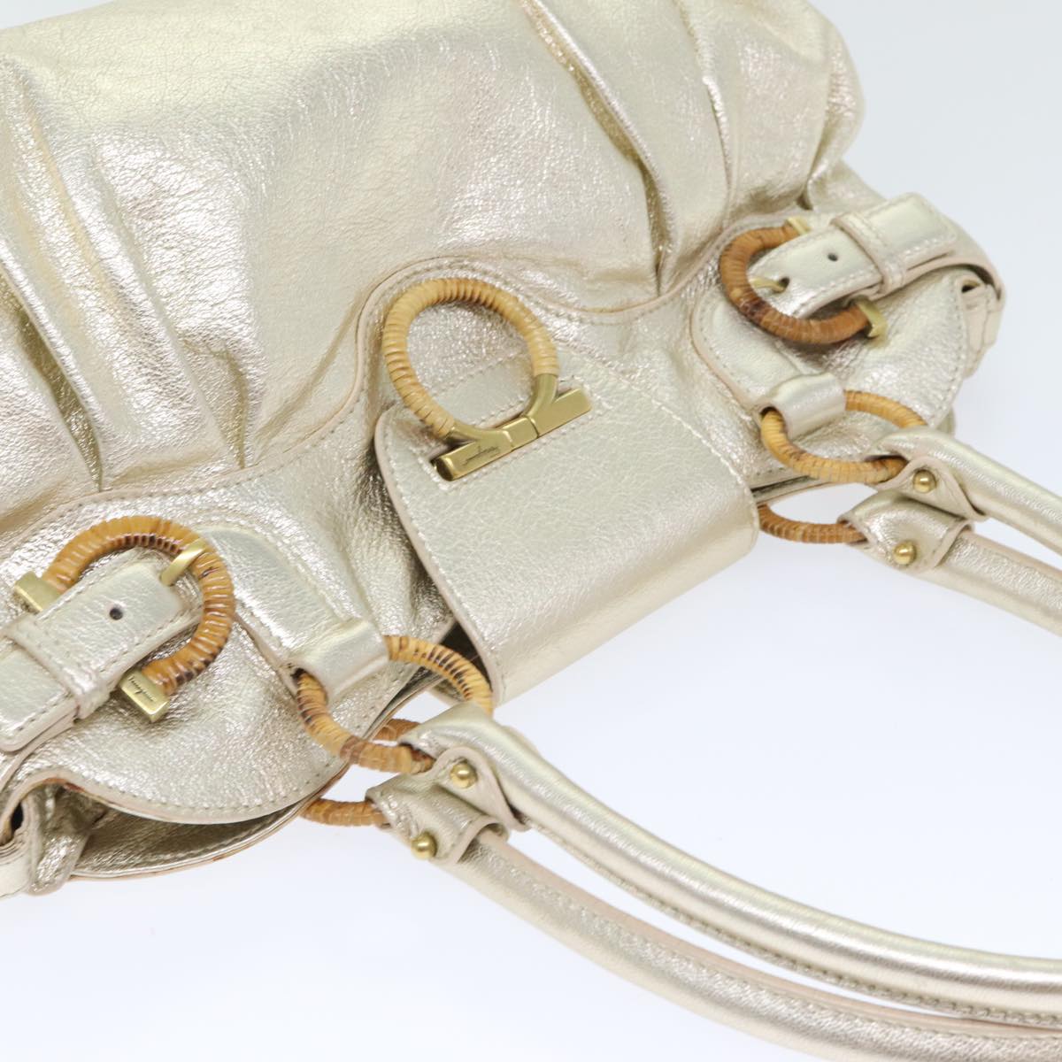 Salvatore Ferragamo Gancini Hand Bag Leather Gold Tone Gold Auth 91343V