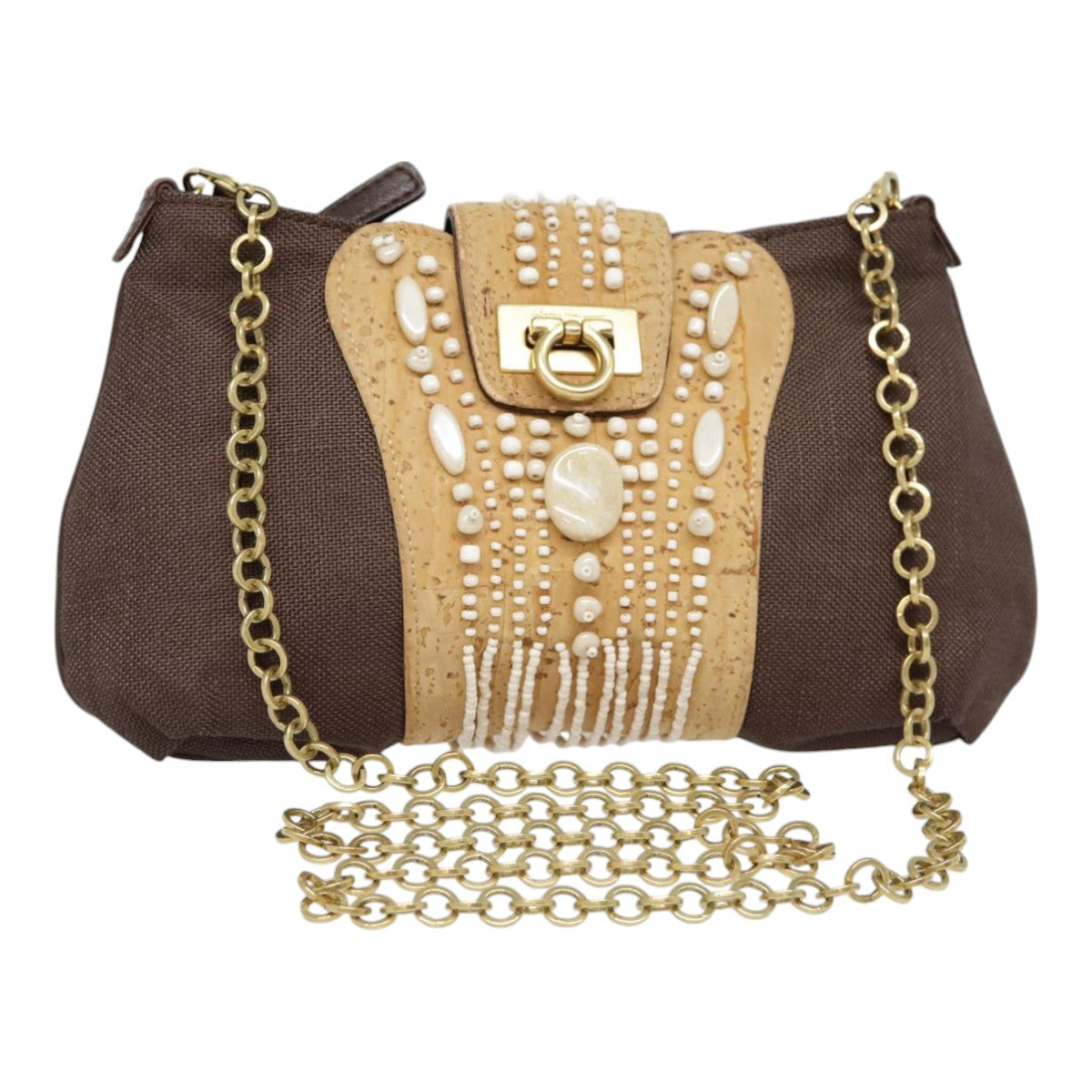 Salvatore Ferragamo Gancini Shoulder Bag Nylon Leather Brown Gold Auth 91386V
